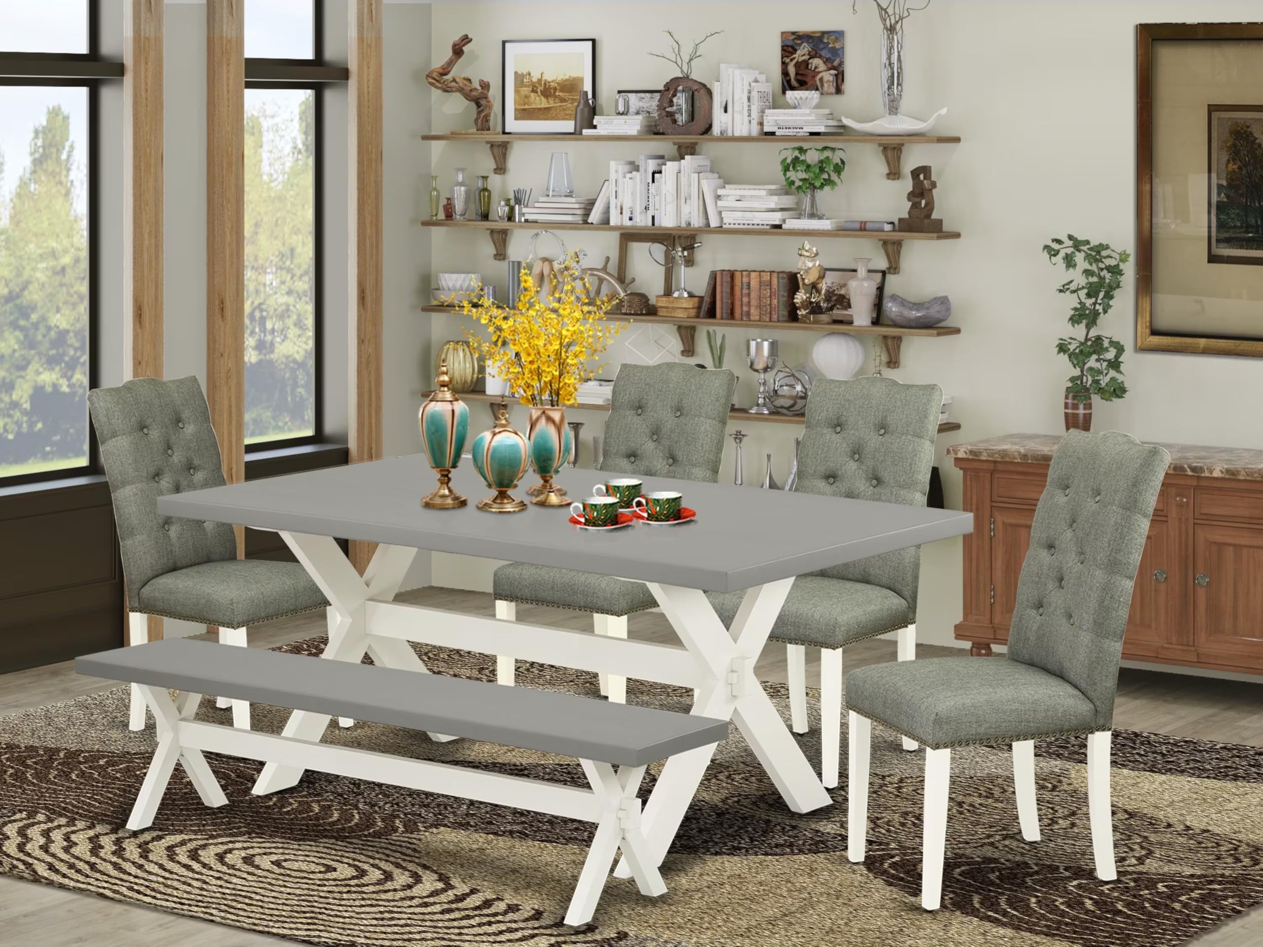 East West Furniture X097El207-6 6 Piece Kitchen Table Set Contains A Rectangle Dining Table With X-Legs And 4 Gray Linen Fabric Parson Chairs With A Bench, 40X72 Inch, Multi-Color